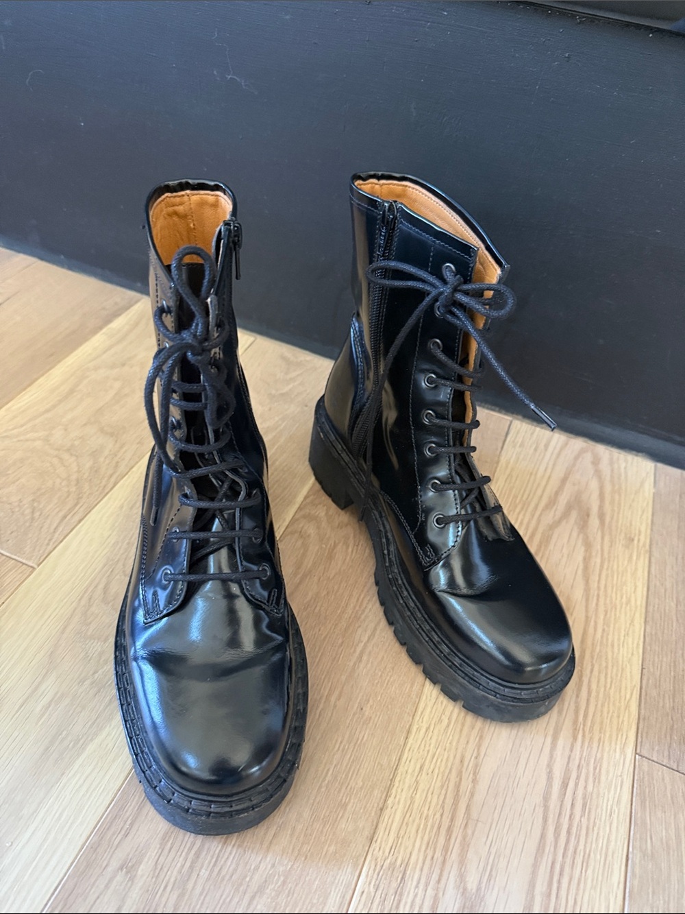 Sezane Black Patent Lace-Up Combat Boots